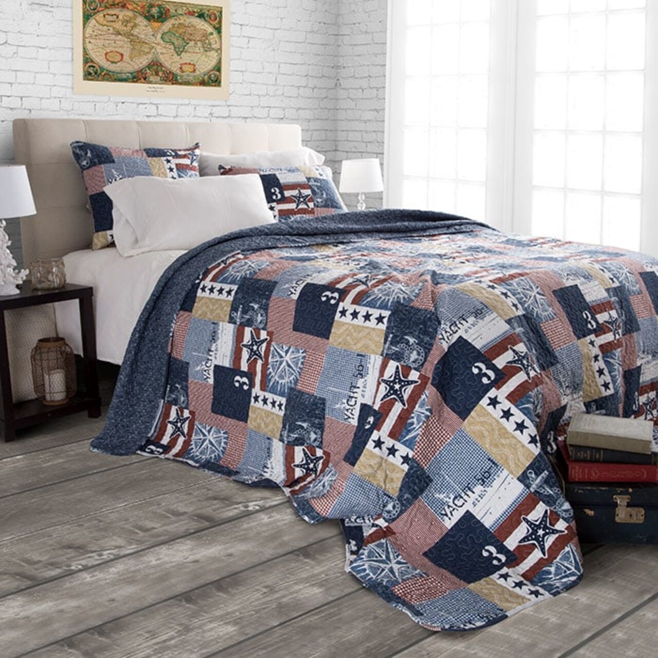 Lavish Home King Quilt Set Patriotic Americana Red White Blue 3 Piece Microfiber